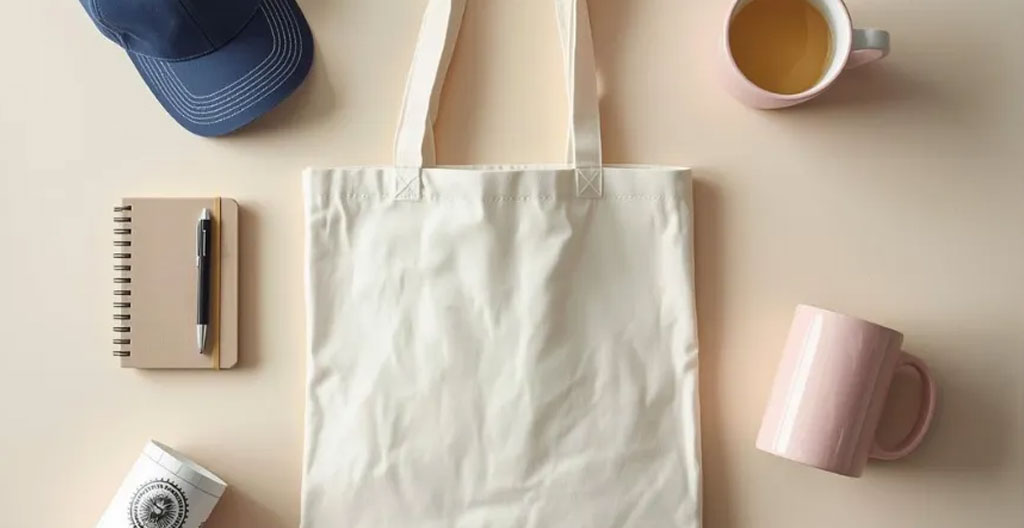 Trois objets promotionnels tendance 2026 alignés sur fond clair : tote bag bio certifié, tracker Bluetooth en bois avec NFC, carnet en liège gravé au laser, avec une feuille verte naturelle au premier plan