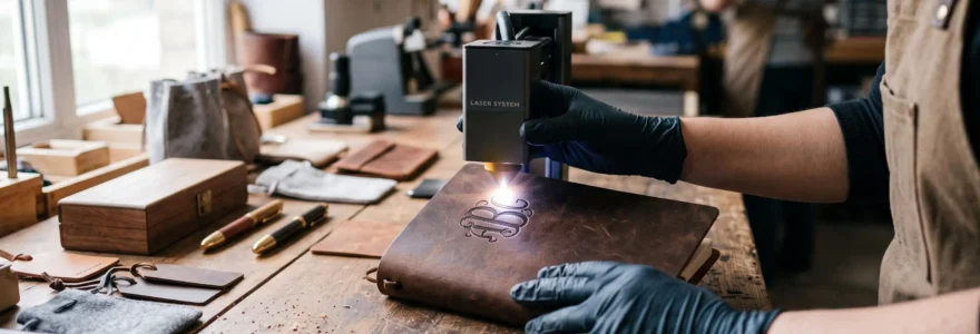 Gravure d'un monogramme sur un carnet en cuir par une machine de personnalisation dans un atelier de cadeaux d'affaires.