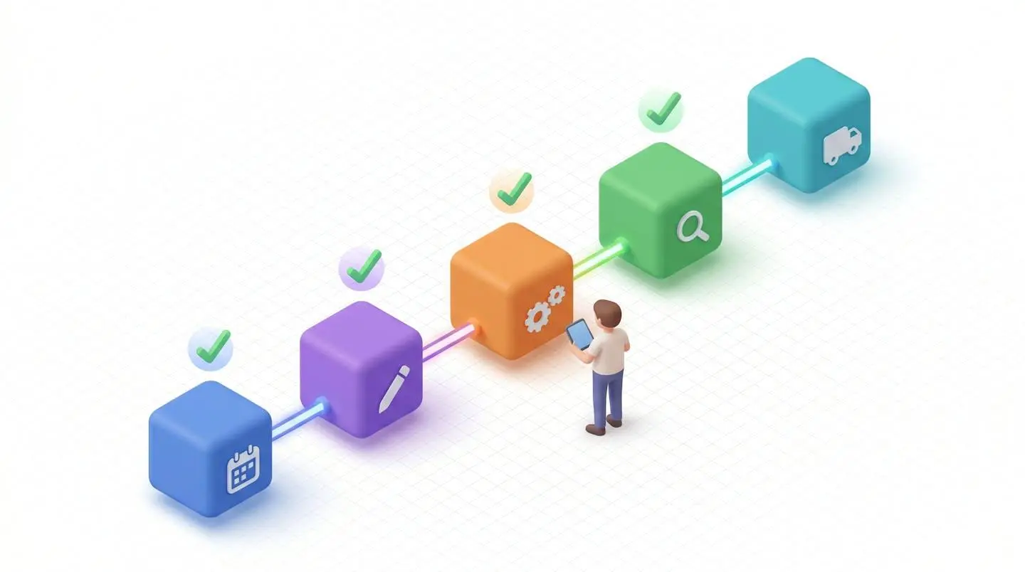 Illustration isométrique 3D d'une timeline de production en 5 étapes représentées par des cubes colorés connectés, du design à la livraison, avec coches de validation et personnage stylisé