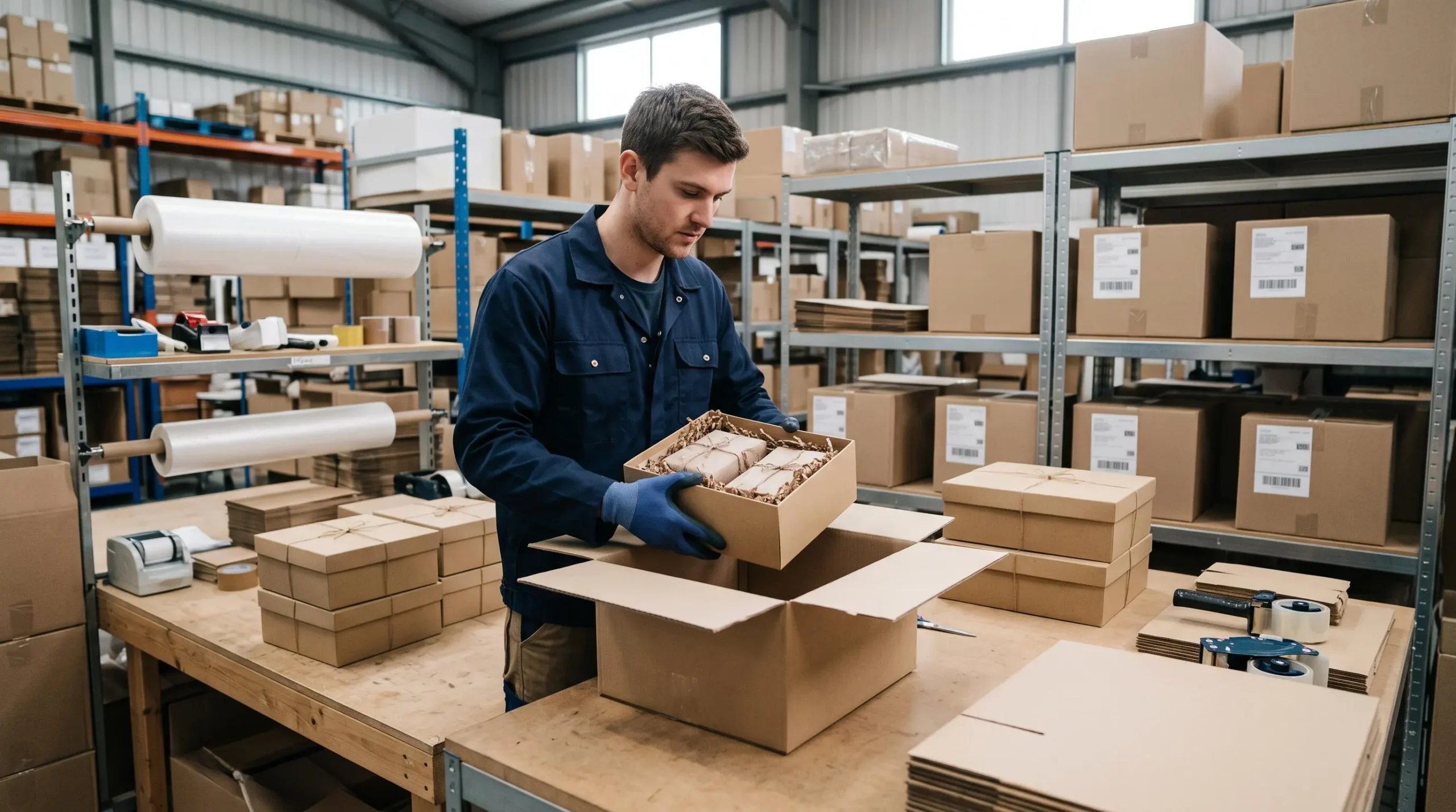 Un préparateur logistique place une boîte cadeau dans un carton d'expédition au sein d'une station d'emballage en entrepôt.