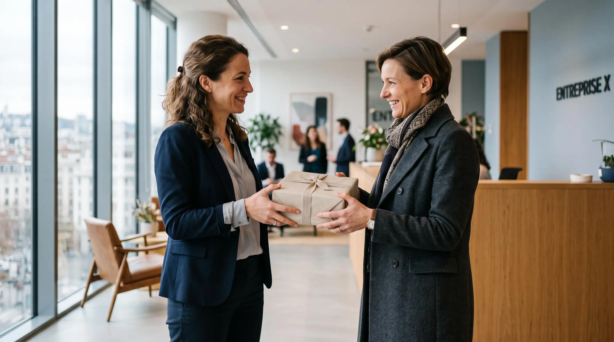 Une collaboratrice remet une boîte cadeau emballée à un client lors d'un échange dans le hall d'accueil d'une entreprise.