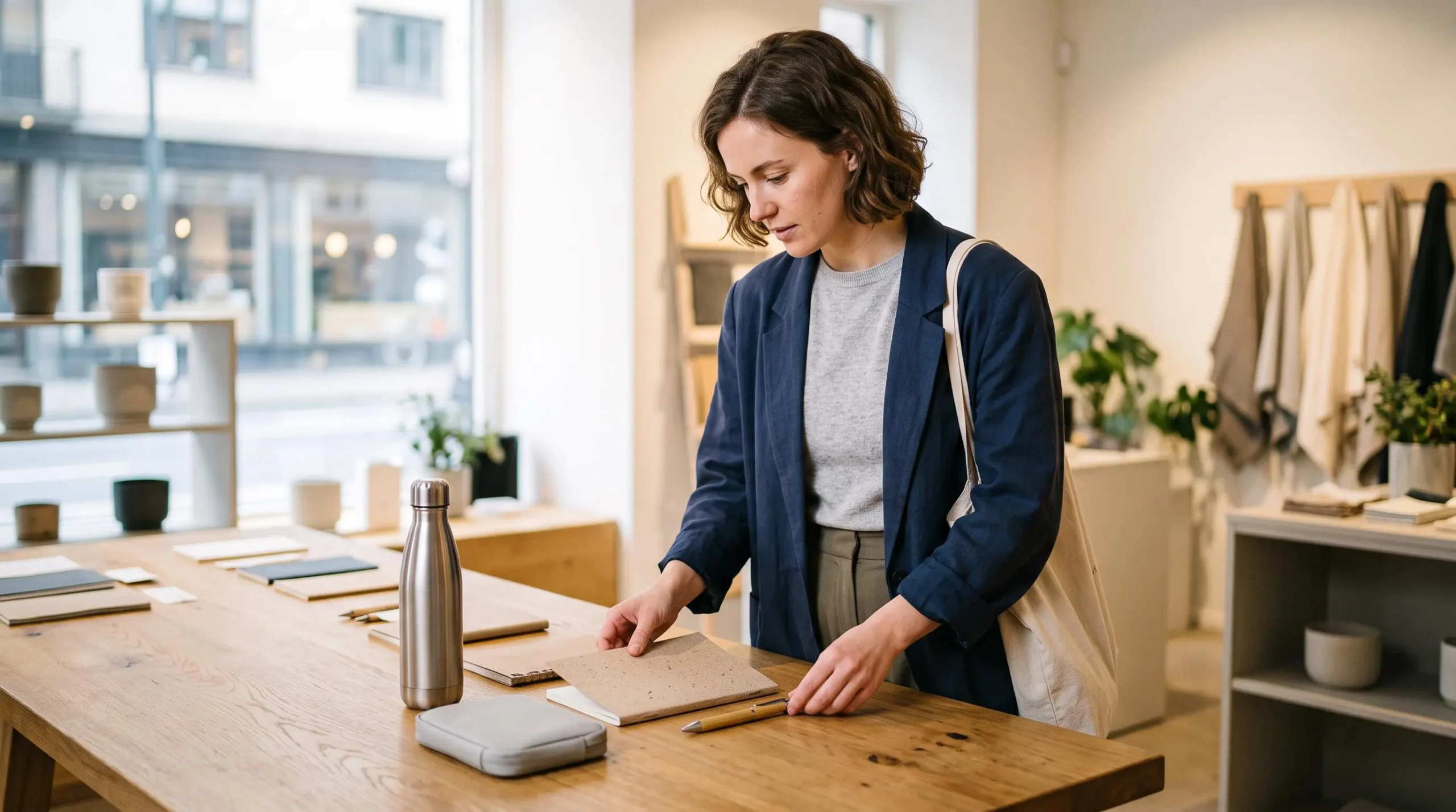 Une professionnelle compare des échantillons de cadeaux d'affaires neutres, bouteille isotherme, carnet recyclé et stylo en bambou, sur une table de sélection.