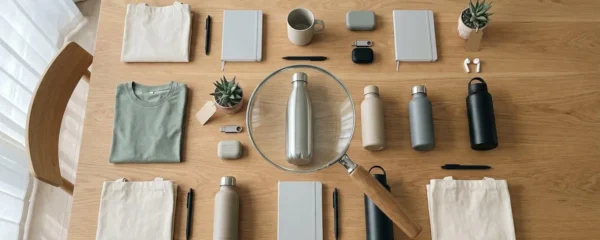 Vue en plongée sur une table en bois clair avec des objets promotionnels variés disposés symétriquement, une loupe au centre grossit une gourde isotherme pour symboliser la sélection attentive