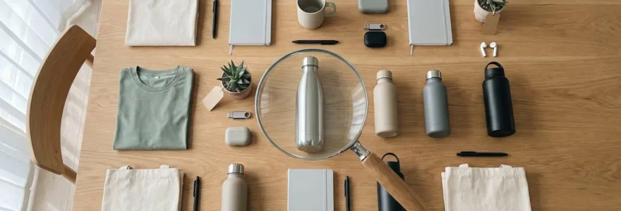 Vue en plongée sur une table en bois clair avec des objets promotionnels variés disposés symétriquement, une loupe au centre grossit une gourde isotherme pour symboliser la sélection attentive